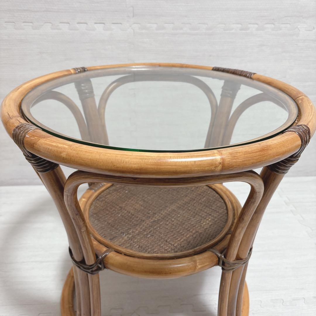 Kazama カザマ ラタン 籐家具 丸テーブル ガラステーブル