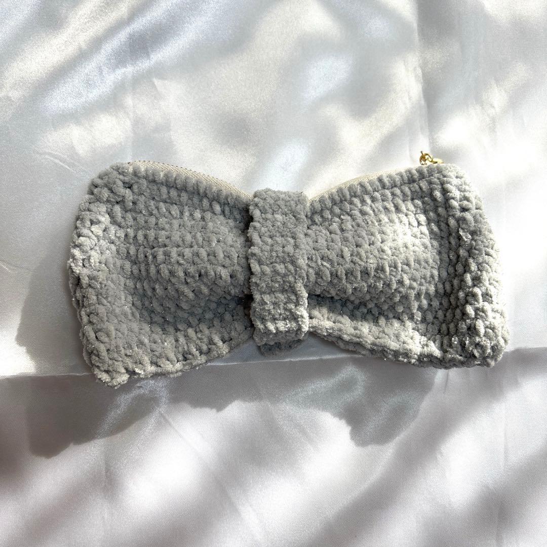 リボンペンケース グレー プリンセスモール 編み物 かぎ針編み リボン