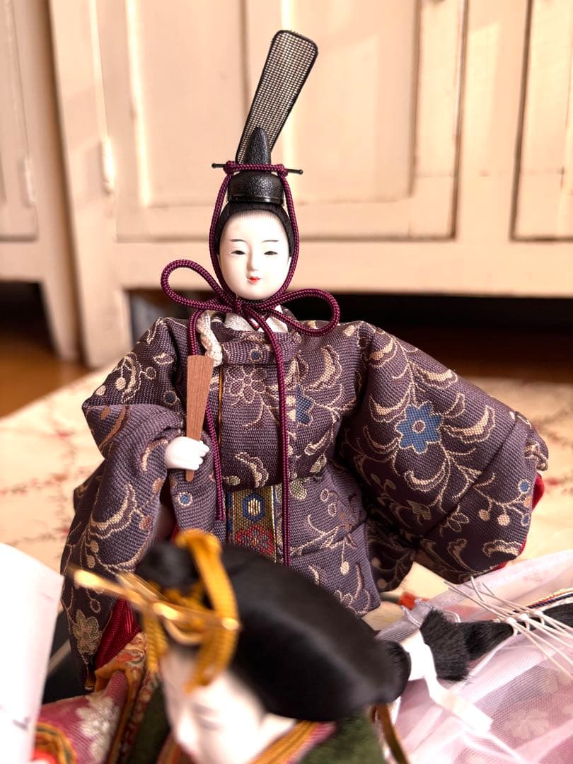 雛人形　コンパクト　ガラスケース付　親王飾り　立雛　桜　十二単　油灯　柴田家千代