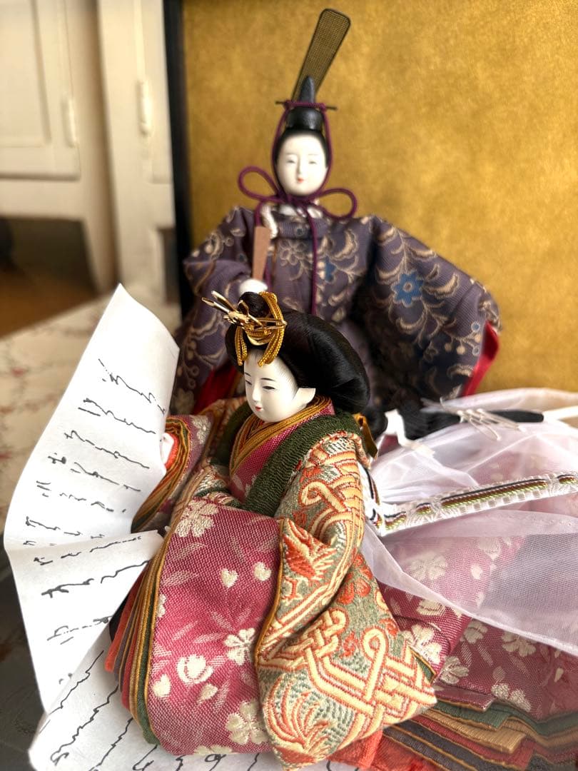 雛人形　コンパクト　ガラスケース付　親王飾り　立雛　桜　十二単　油灯　柴田家千代
