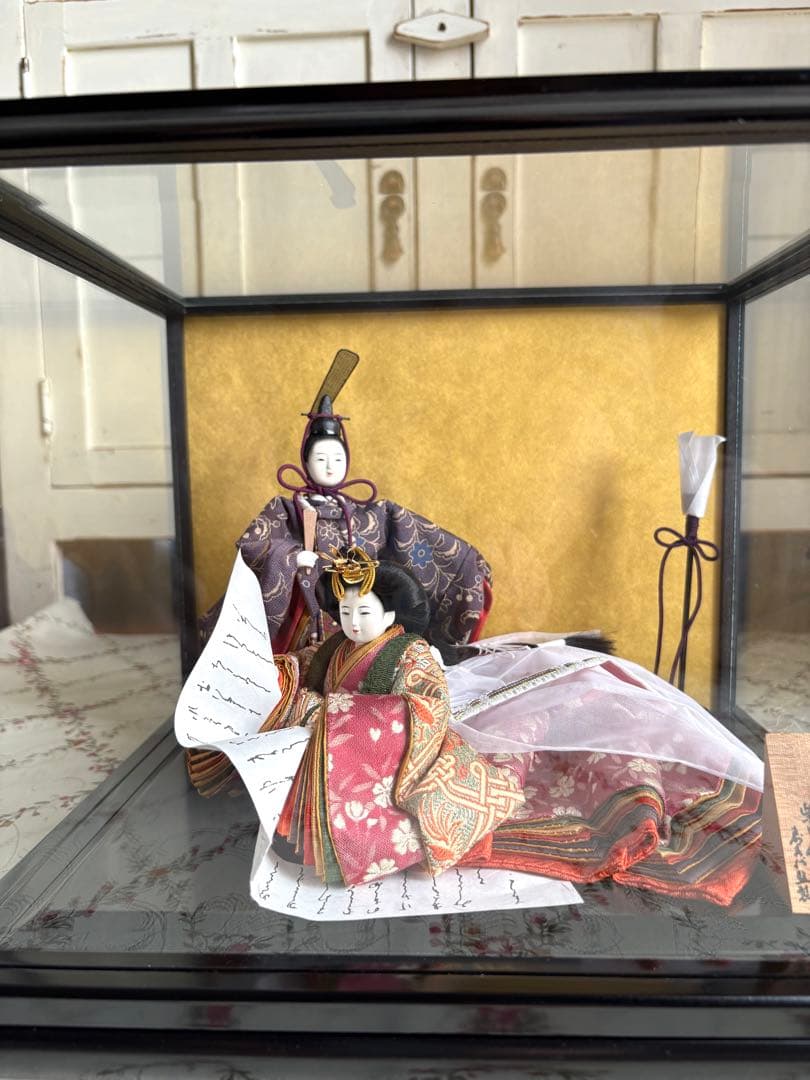 雛人形　コンパクト　ガラスケース付　親王飾り　立雛　桜　十二単　油灯　柴田家千代