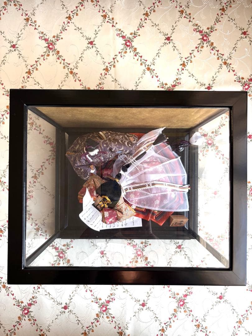 雛人形　コンパクト　ガラスケース付　親王飾り　立雛　桜　十二単　油灯　柴田家千代