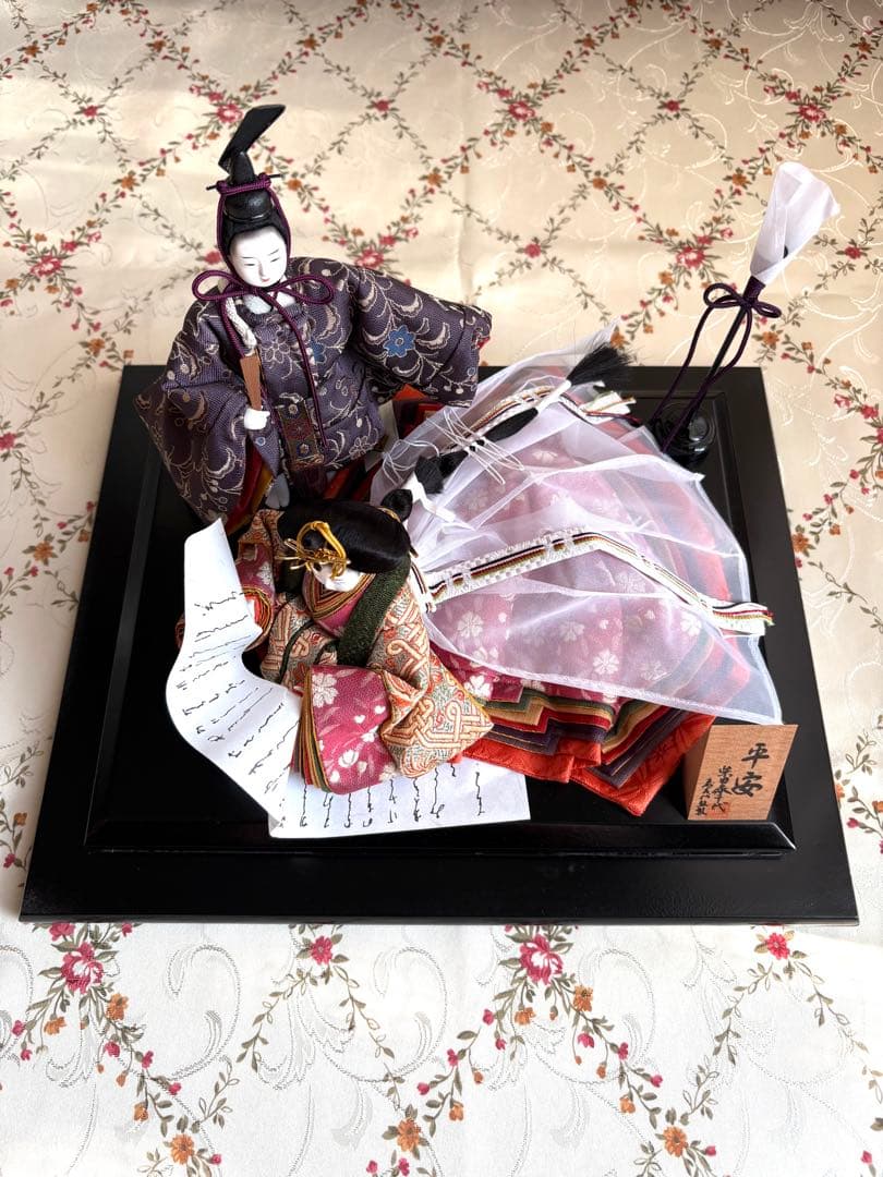 雛人形　コンパクト　ガラスケース付　親王飾り　立雛　桜　十二単　油灯　柴田家千代