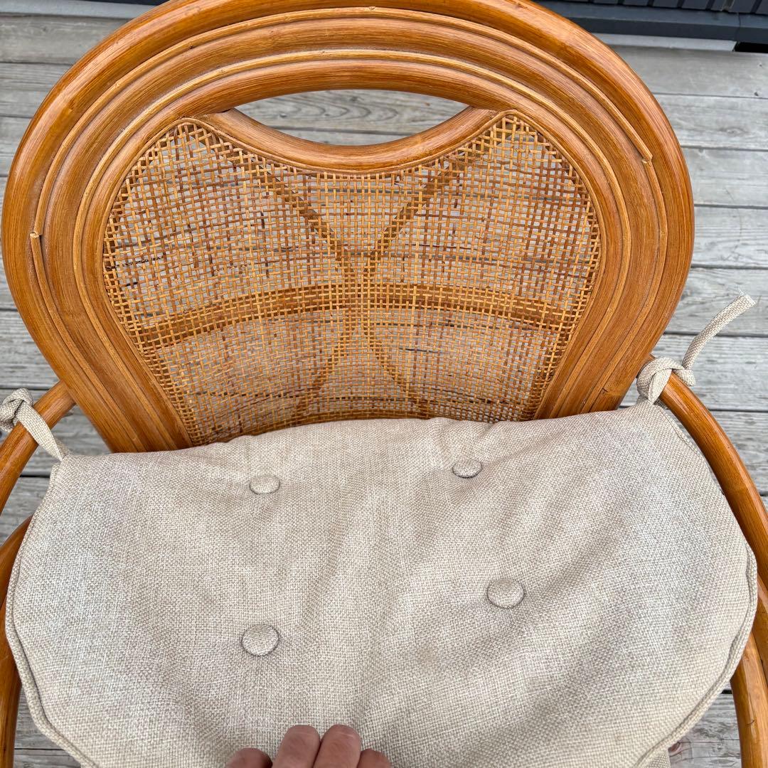 昭和レトロ 回転式 ラタンチェア アームチェア 座椅子 籐椅子 クッション付き