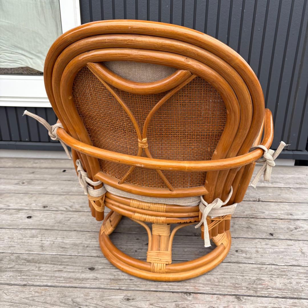 昭和レトロ 回転式 ラタンチェア アームチェア 座椅子 籐椅子 クッション付き