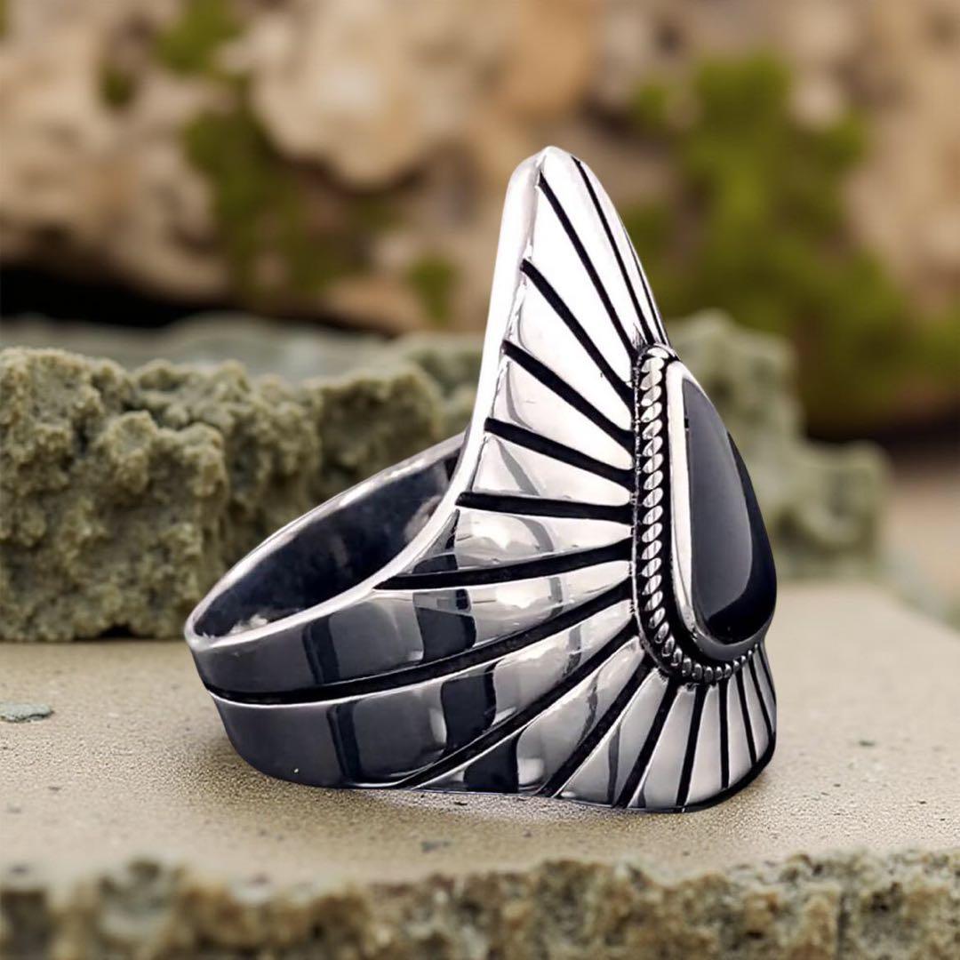 天然石リング、シルバー925、指輪、 ブラックオニキス、黒石の光柄、親指リング