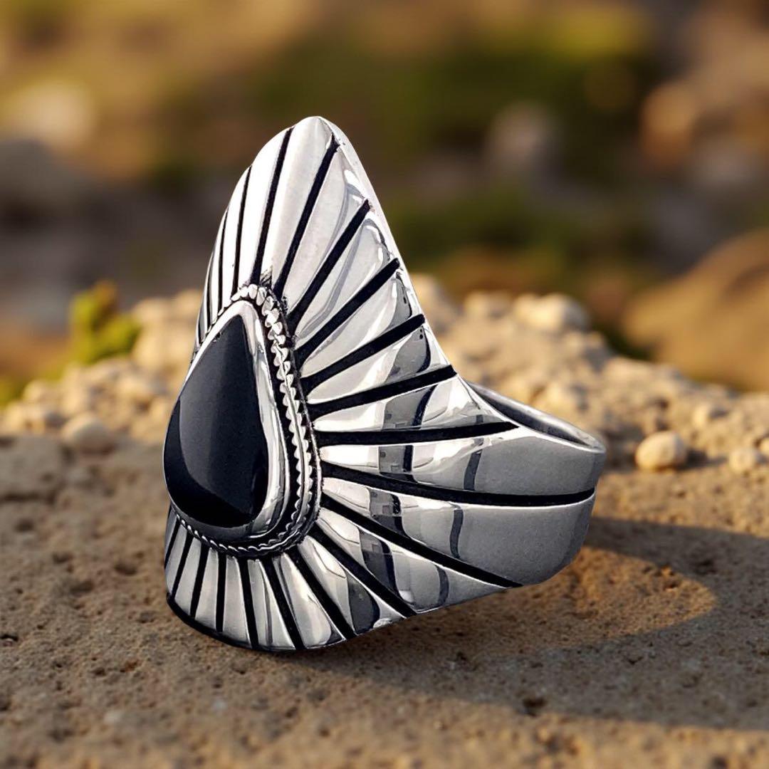 天然石リング、シルバー925、指輪、 ブラックオニキス、黒石の光柄、親指リング