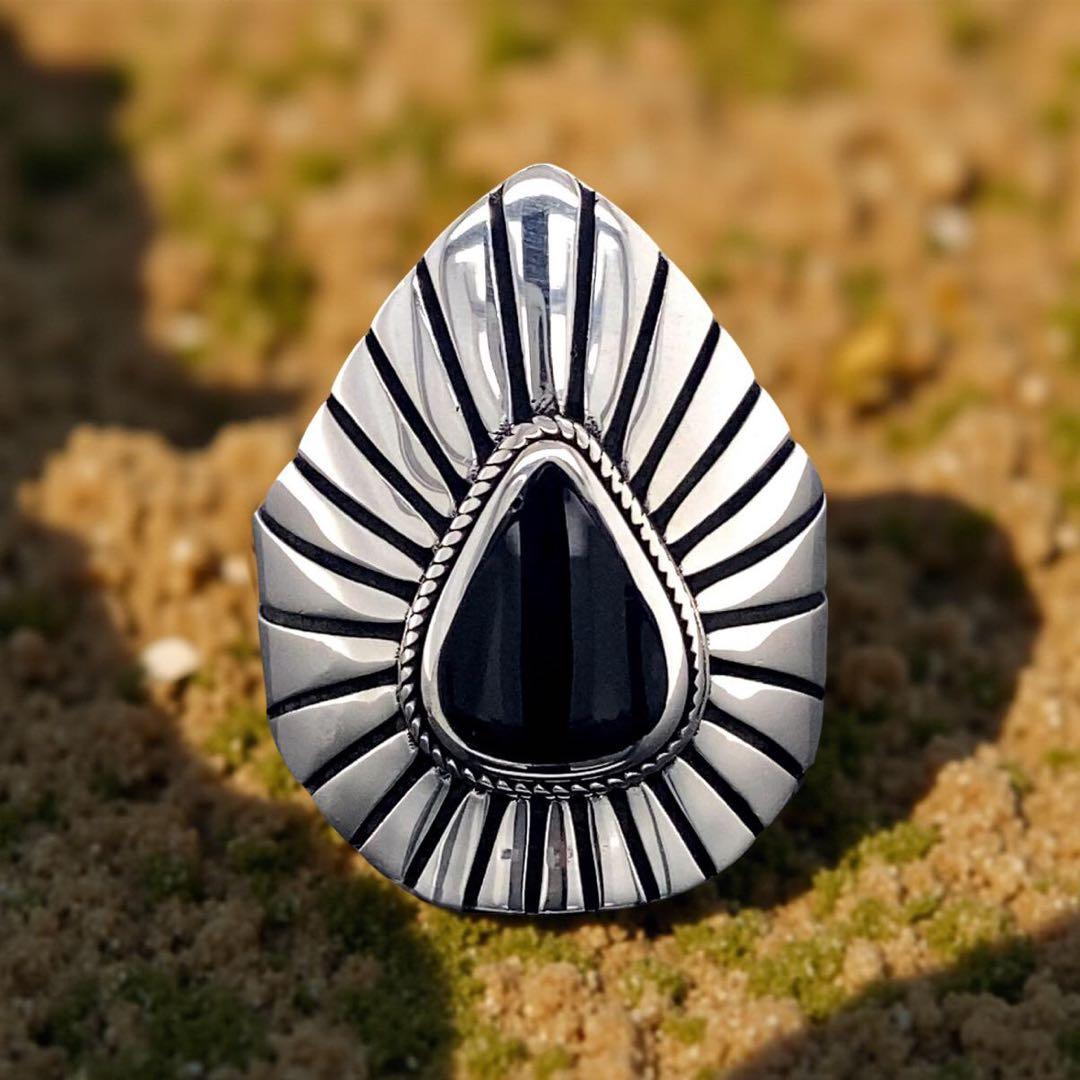 天然石リング、シルバー925、指輪、 ブラックオニキス、黒石の光柄、親指リング