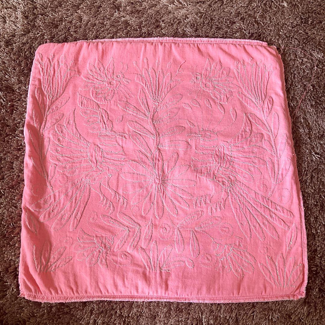 新品＊クッションカバー＊オトミ刺繍＊ピンク×グレー＊動物＊植物＊花＊メキシコ雑貨