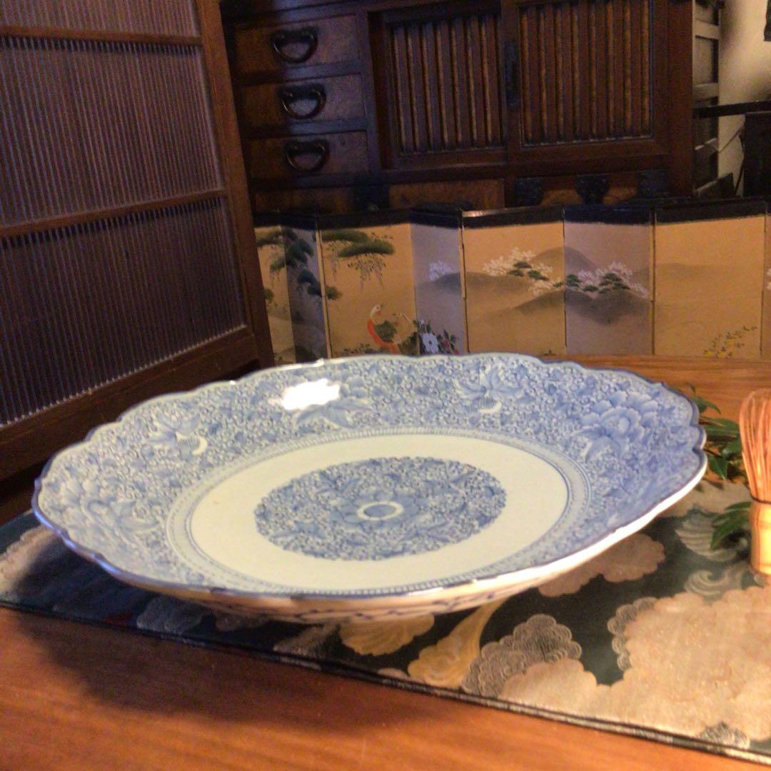 A865 古伊万里 染付 幕末線描 牡丹に柘榴紋様（1尺5寸）大皿 1枚