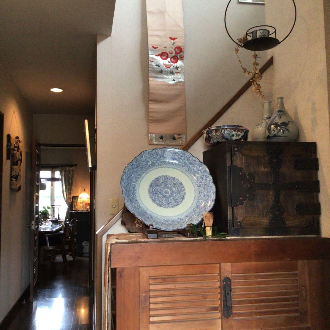 A865 古伊万里 染付 幕末線描 牡丹に柘榴紋様（1尺5寸）大皿 1枚