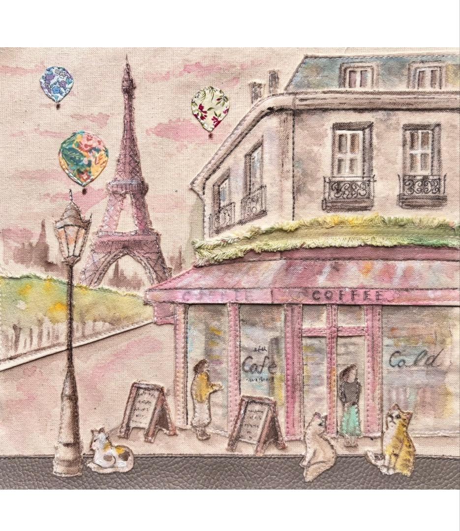 (手づくり) \"ピンクの夕暮れ、エッフェル塔の見えるカフェ\"トートバッグレザー