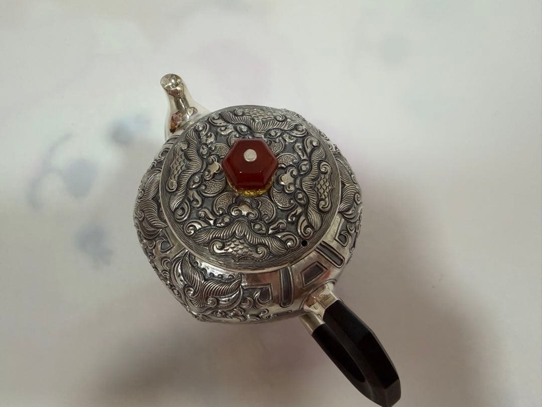 純銀製 六面取 饕餮文 玉石摘 急須 銀瓶 煎茶道具