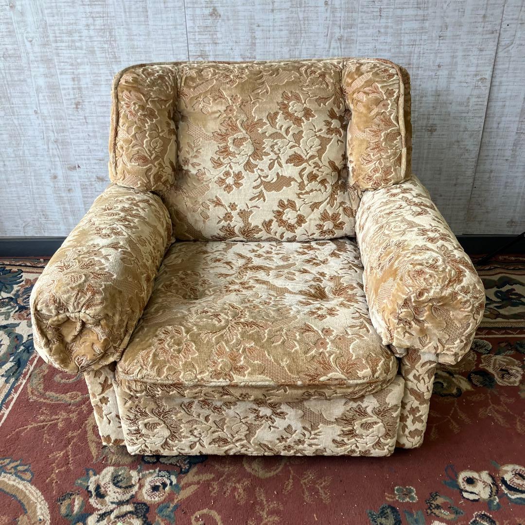 ① 昭和レトロ マルニ木工 花柄ベロアソファー 一人掛けソファー アームチェア