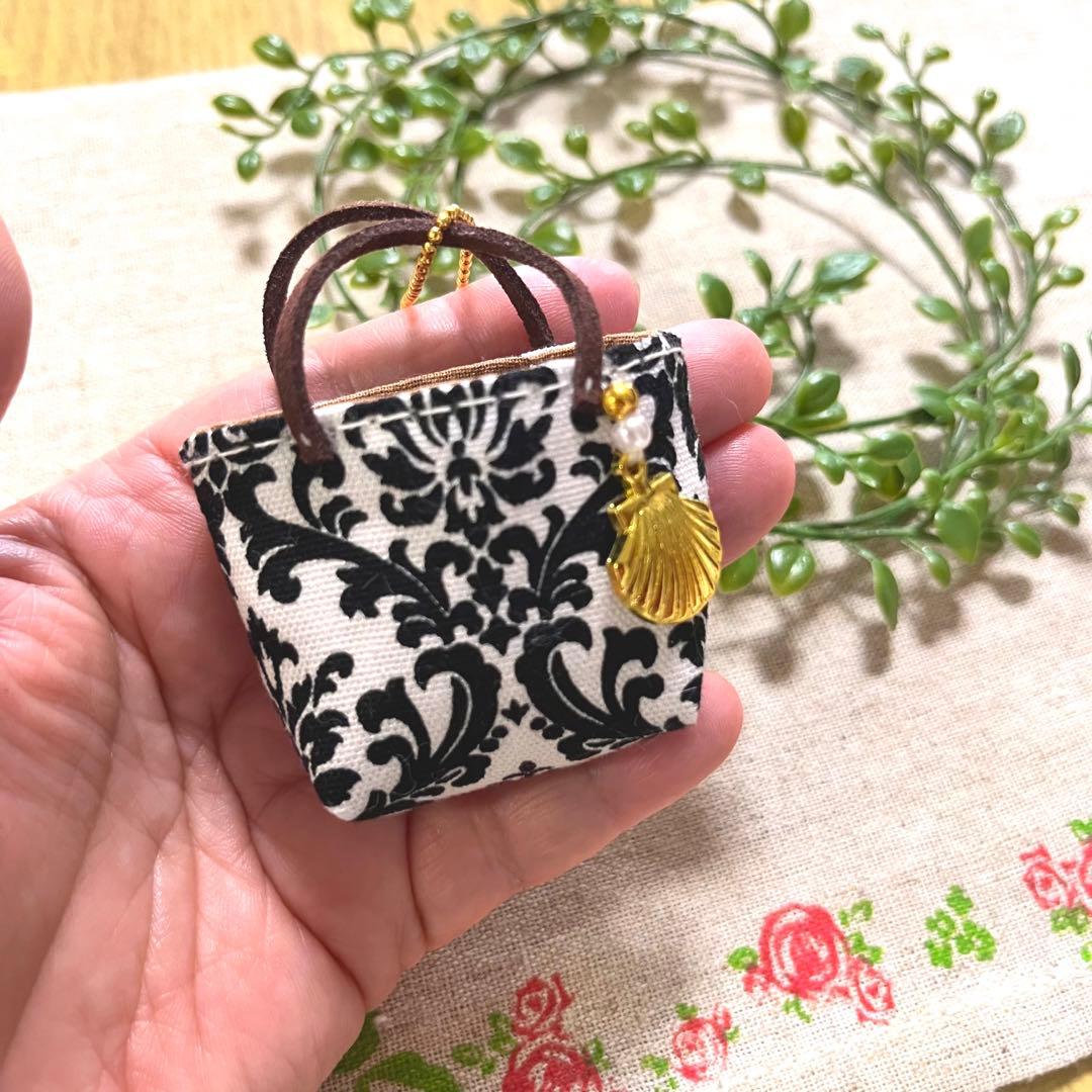 No.2302-6 ミニチュアトートサシェ（香り袋）ダマスク＊ブラック