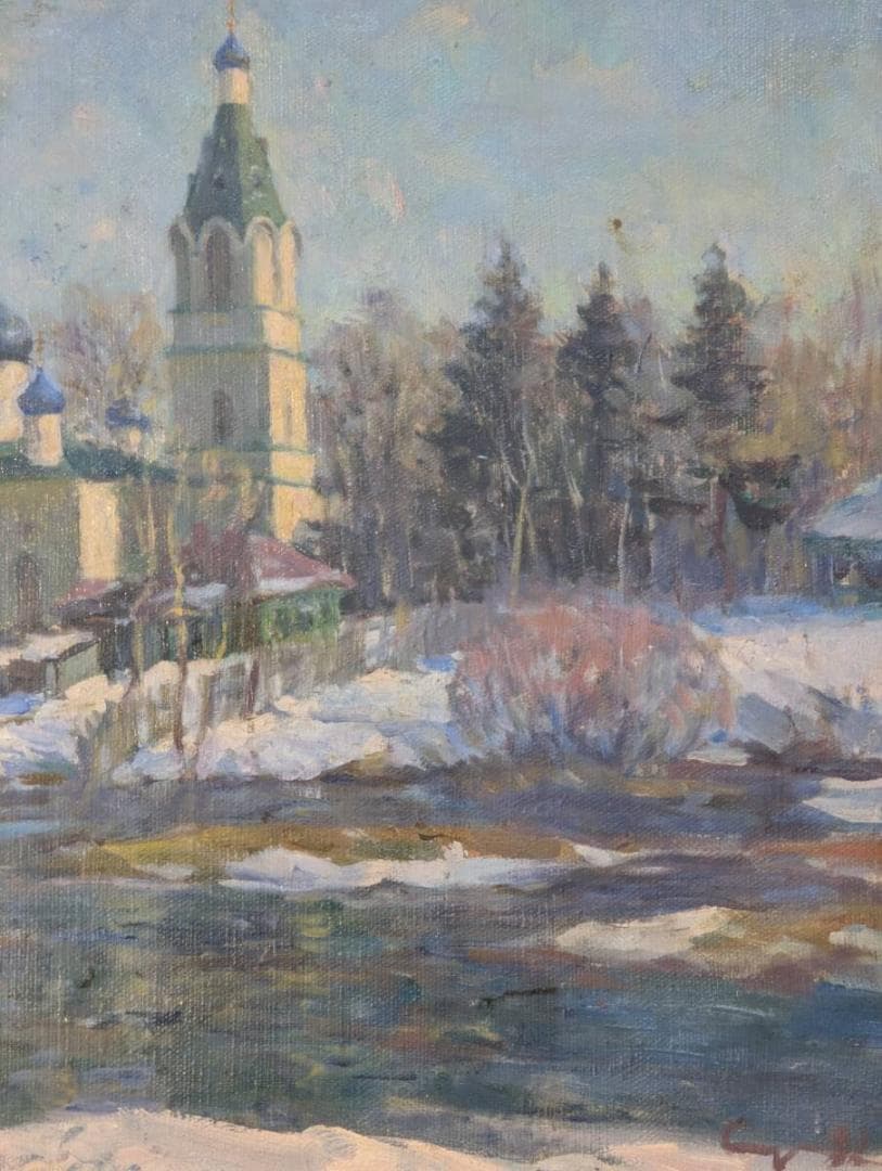 【真作】絵画　油彩10号　冬の教会　ロシアの雪景色　箱・黄袋入　Y54