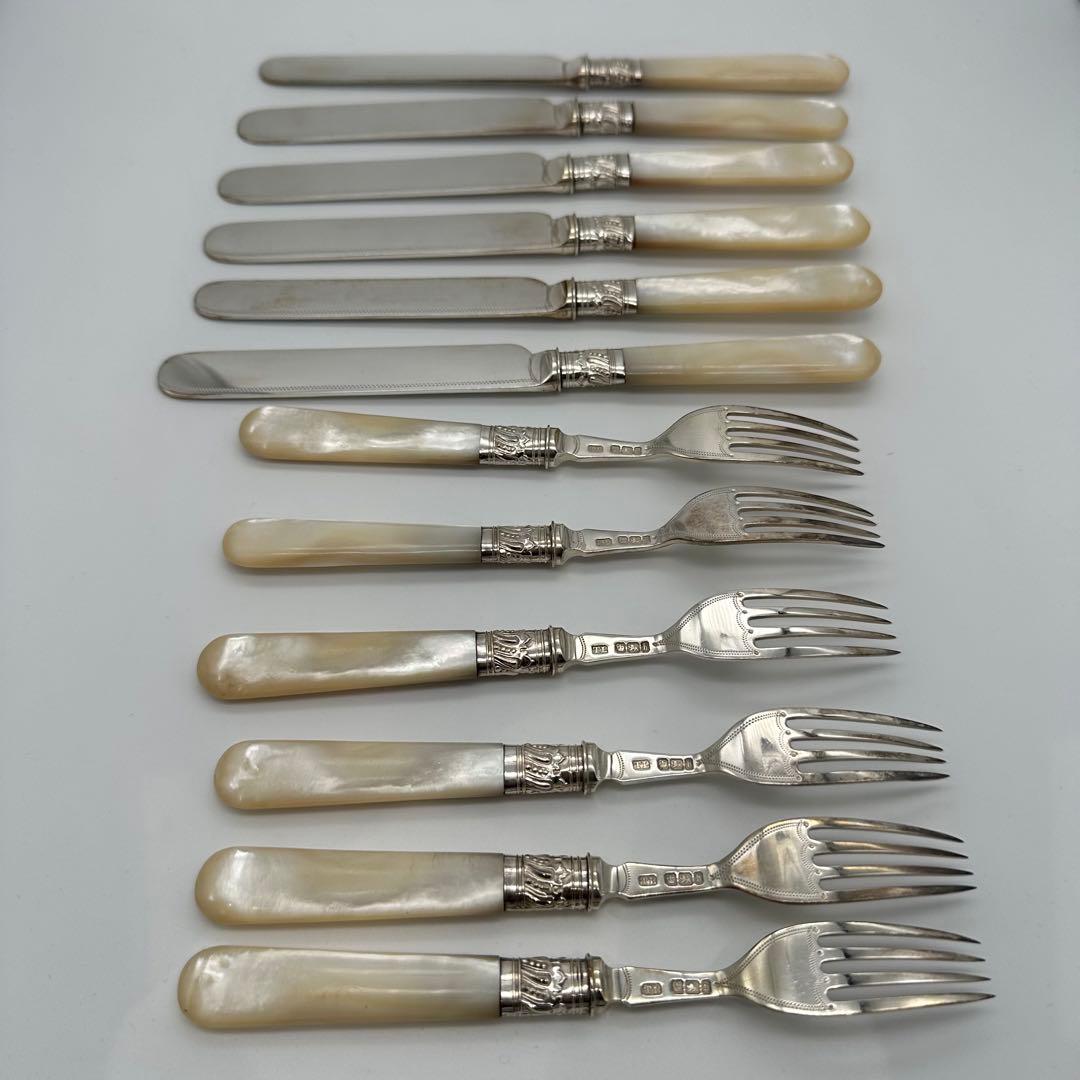 ⭐︎純銀継手 英国製 白蝶貝 マザーオブパールデザートナイフ&フォーク12本 木箱