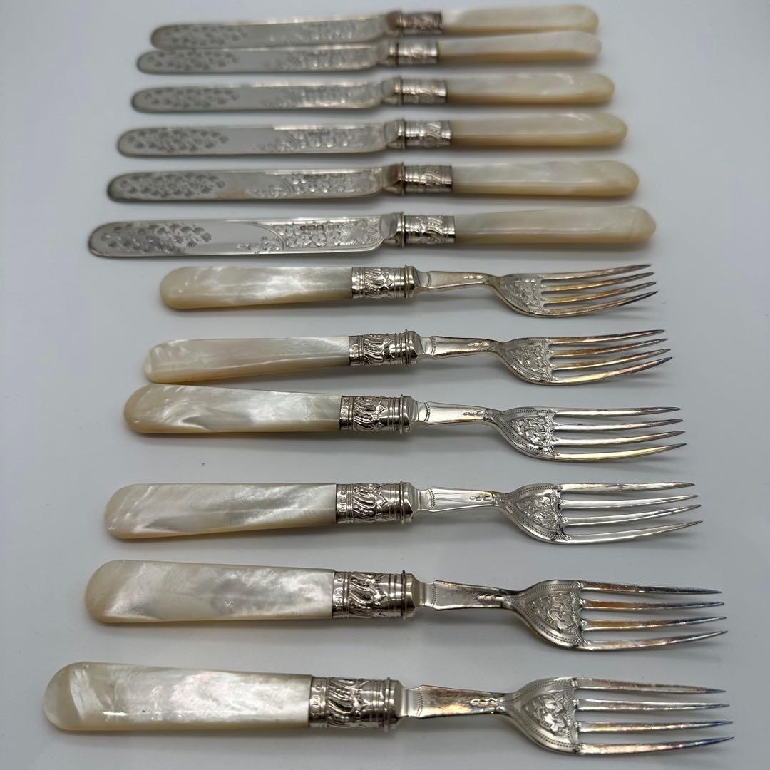 ⭐︎純銀継手 英国製 白蝶貝 マザーオブパールデザートナイフ&フォーク12本 木箱