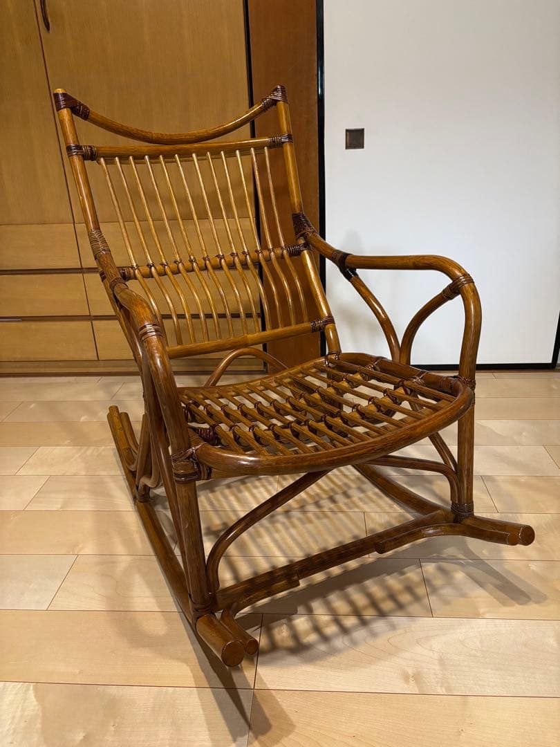 極美品！高級ラタン製 花柄クッション ロッキングチェア