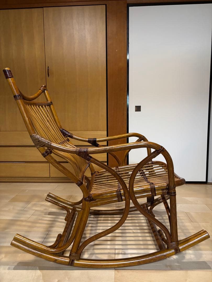 極美品！高級ラタン製 花柄クッション ロッキングチェア