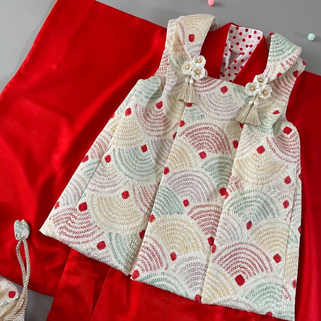 美品　七五三　3歳　お着物セット　正絹赤色無地　総絞りの被布　草履　巾着セット