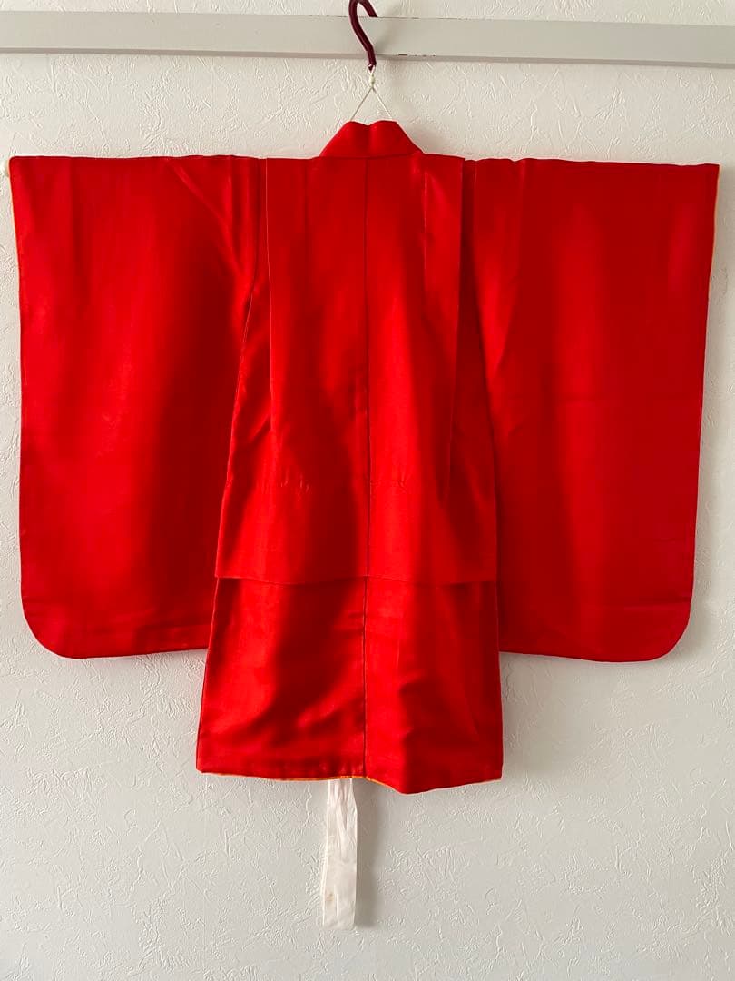 美品　七五三　3歳　お着物セット　正絹赤色無地　総絞りの被布　草履　巾着セット