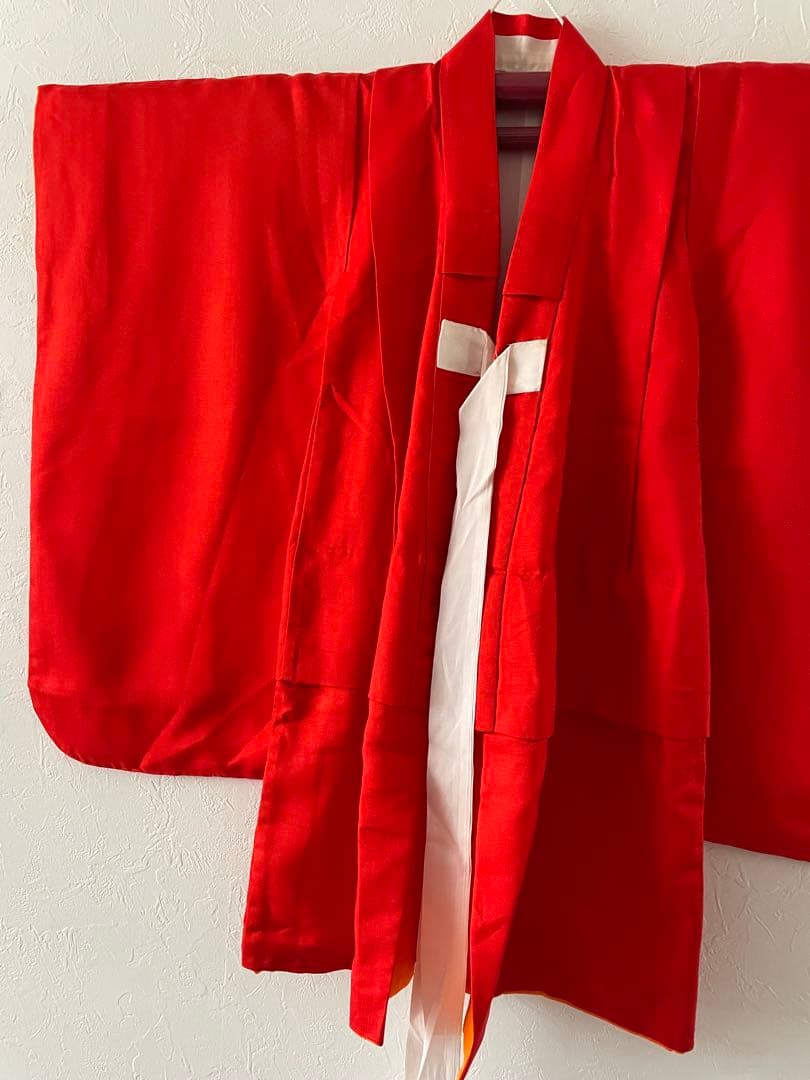 美品　七五三　3歳　お着物セット　正絹赤色無地　総絞りの被布　草履　巾着セット