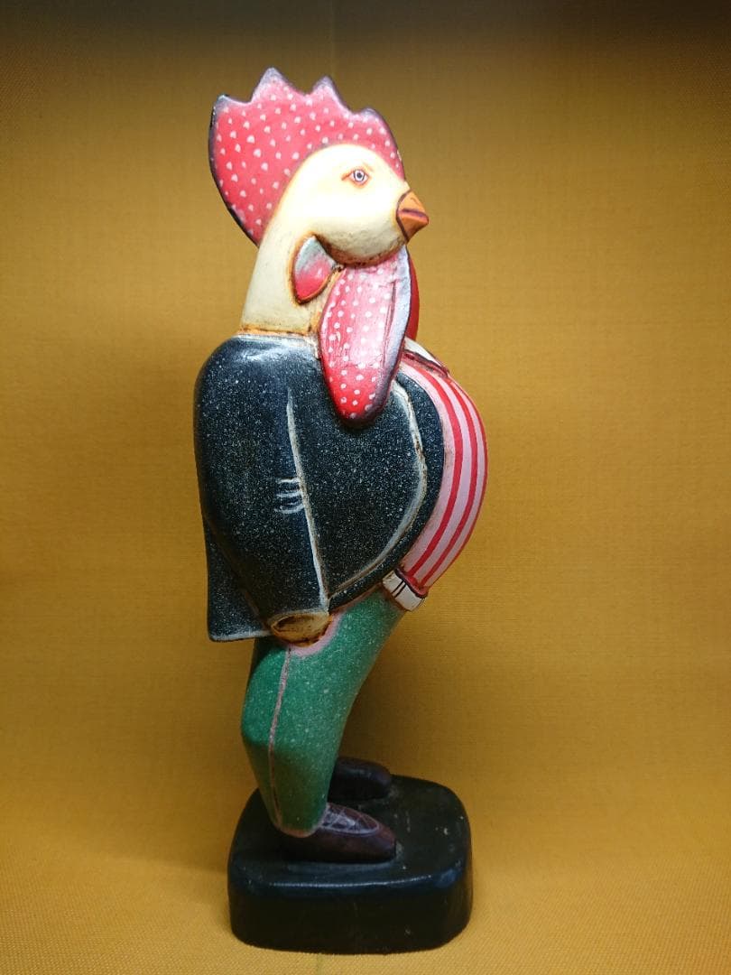 トリ　鶏　人形　木彫　手描き　置物　インテリア　工芸品　美術品　A3368