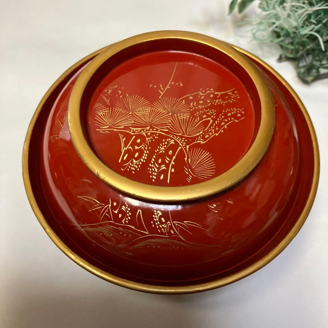 大正時代 木製漆器 蓋付汁椀 10客 菓子椀 松竹梅 漆沈金蒔絵 木箱付