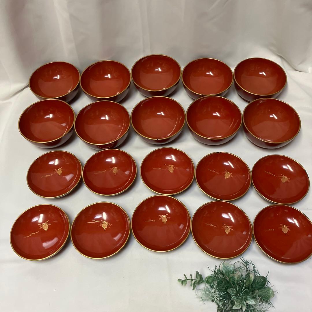 大正時代 木製漆器 蓋付汁椀 10客 菓子椀 松竹梅 漆沈金蒔絵 木箱付