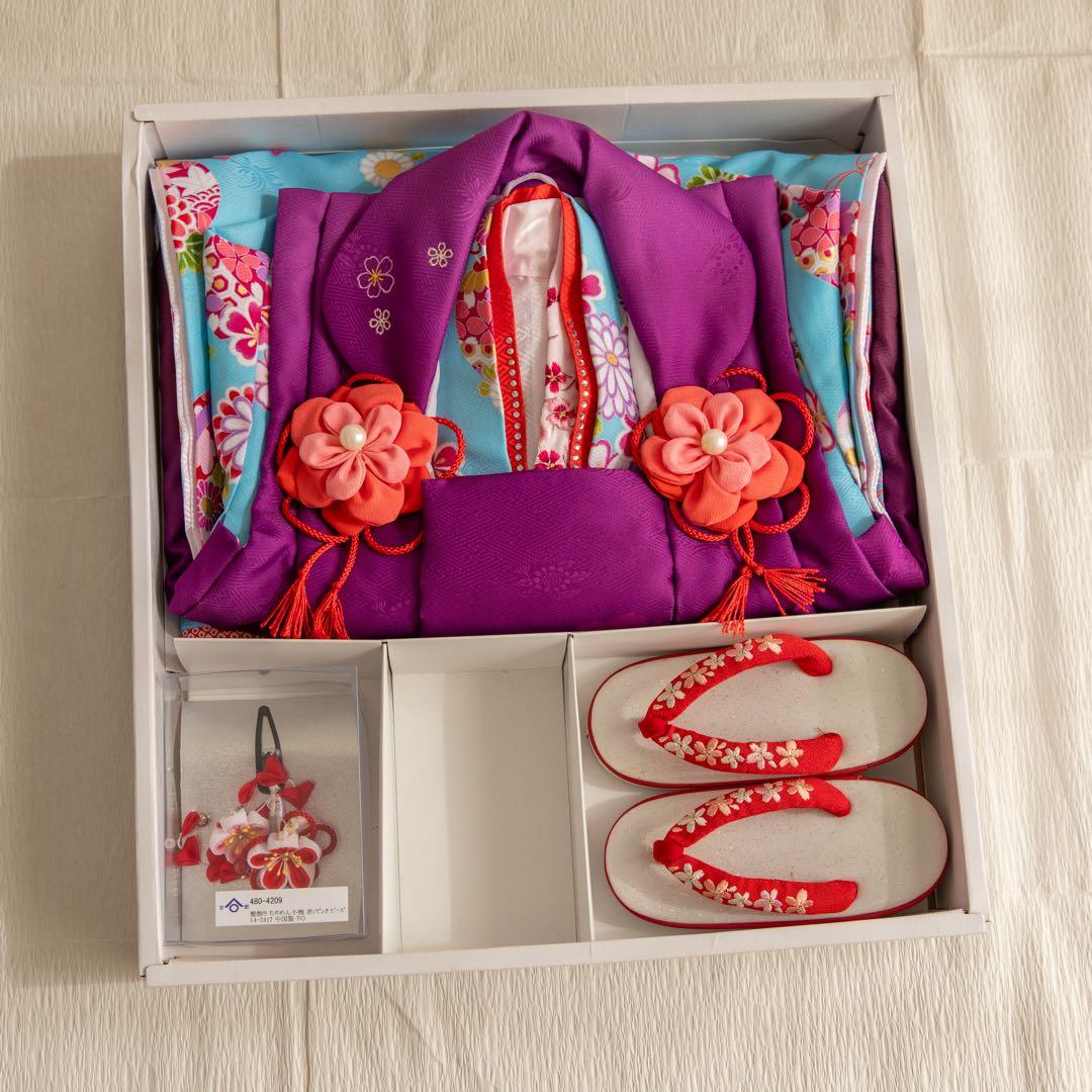 【最終値下げ】七五三3歳パープル被布水色着物髪飾りセット 草履おまけ♪