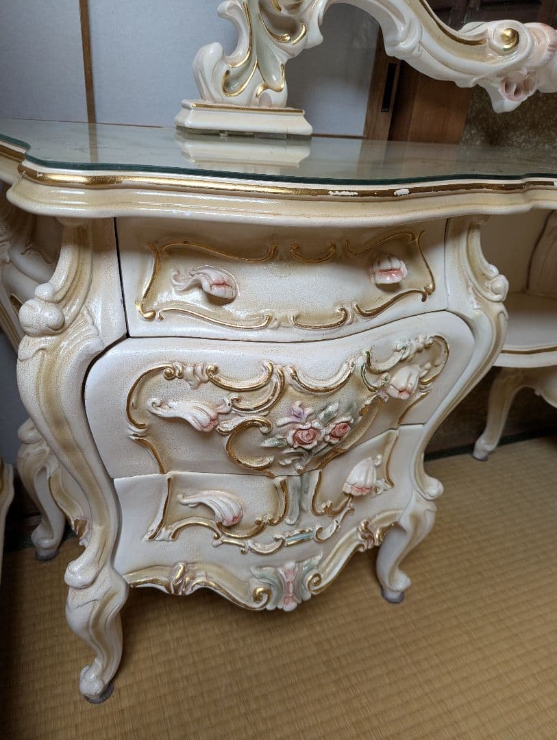 ロココ調 ドレッサー 豪華 姫系 椅子つき アンティーク 鏡台 ミラー