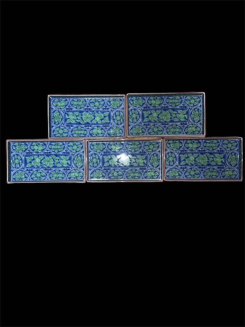 庫山窯　長皿　長角皿　青華緑彩　5客