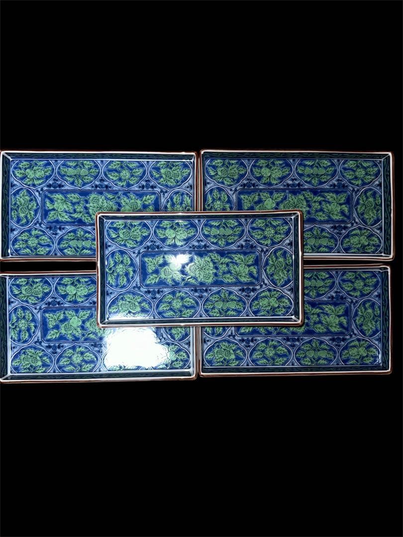 庫山窯　長皿　長角皿　青華緑彩　5客