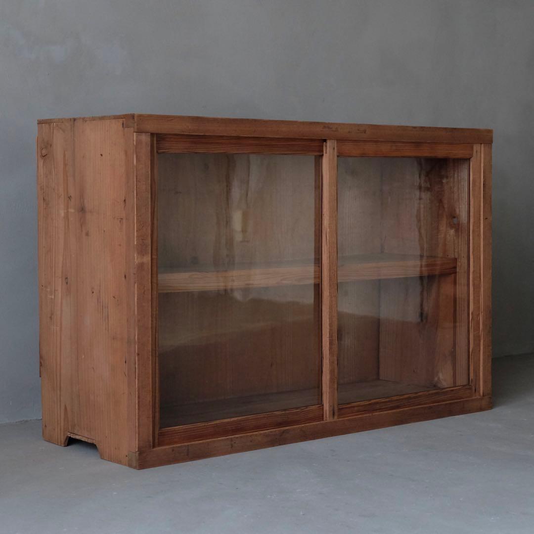大正期 杉材 ガラス戸棚B ゆらゆらガラス　食器棚 収納棚 水屋 本棚 古家具