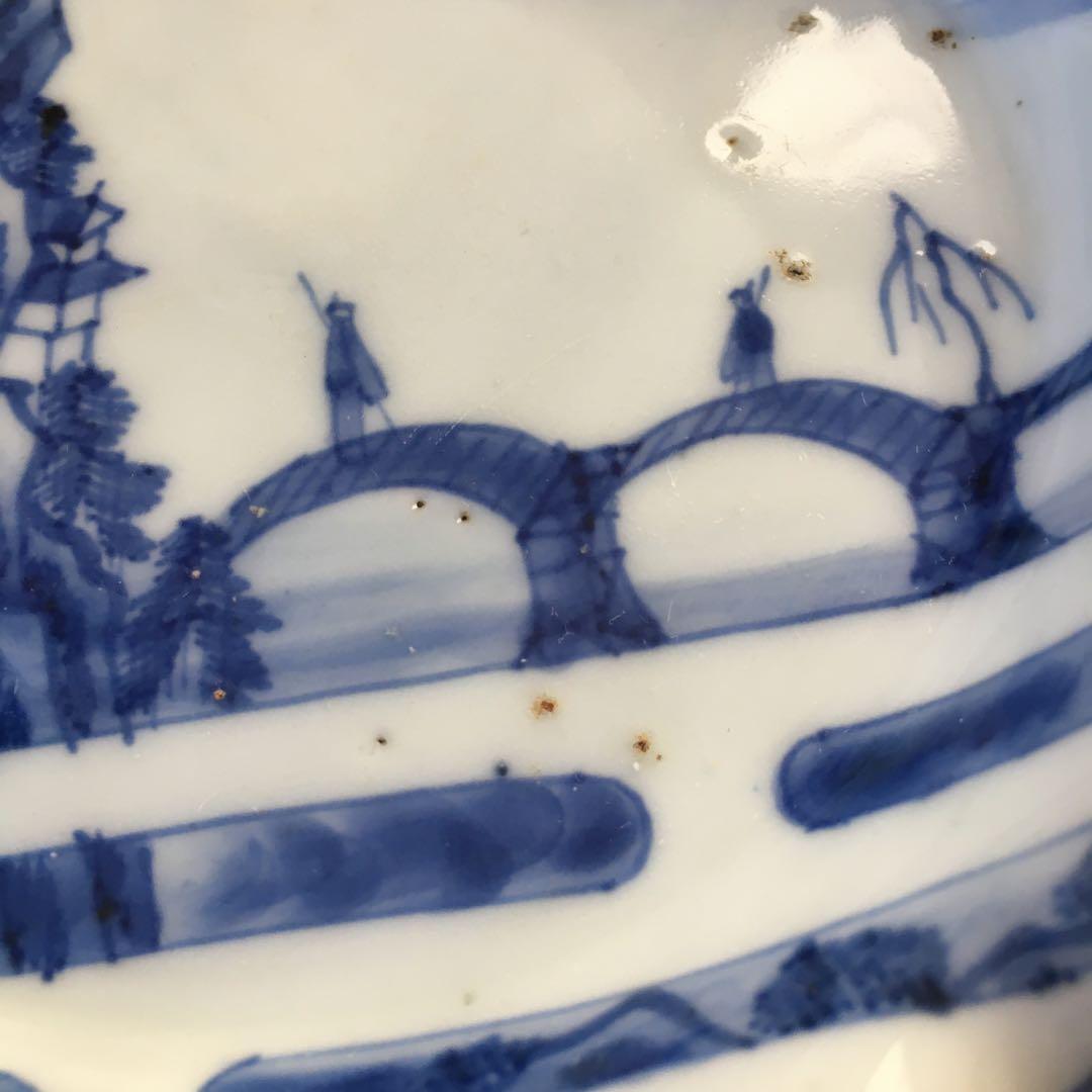 古伊万里 伊万里 染付変形皿 山水に橋、人の図 漢詩 中皿 4客セット