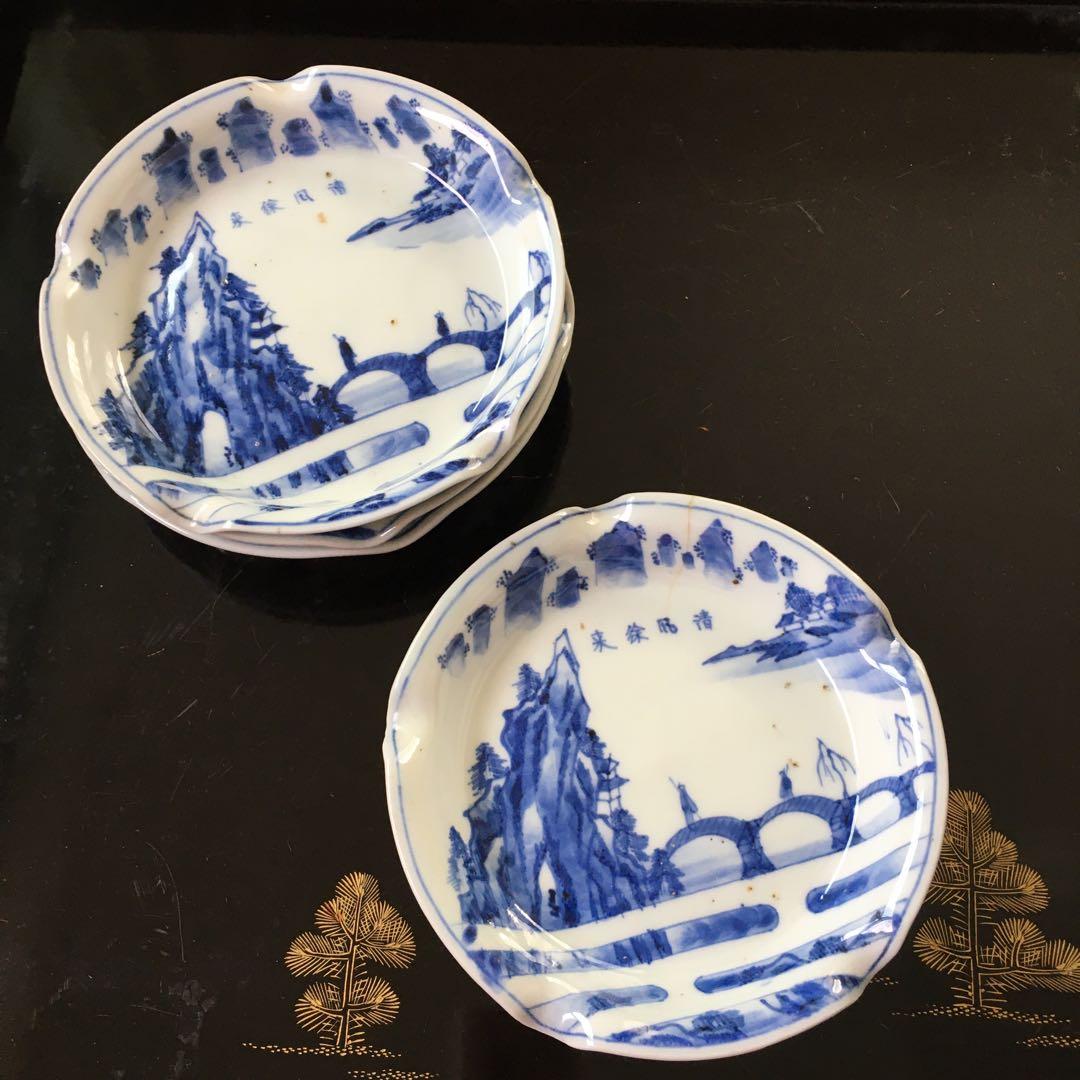 古伊万里 伊万里 染付変形皿 山水に橋、人の図 漢詩 中皿 4客セット