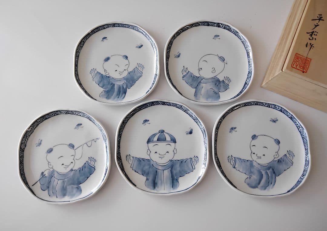 絵変わり唐子絵 銘々皿揃 三川内焼 平戸松山 手描き 手打ち 作家物 未