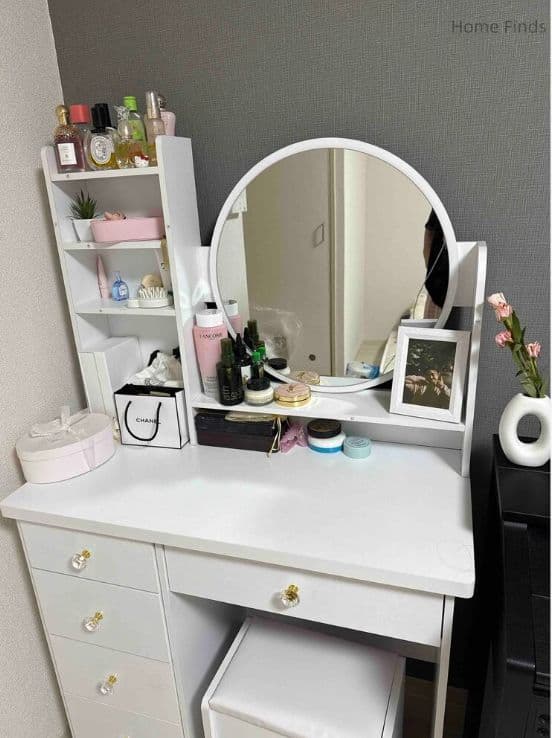 メイク台 サイド収納 ライト付き 幅 47.5cm ホワイト スツール付き