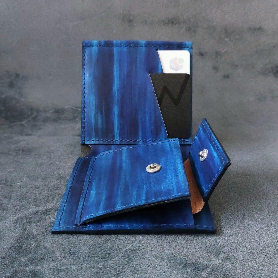 【一点物】薄い二つ折り財布　ハンドメイド 姫路レザー 手縫い 手染め