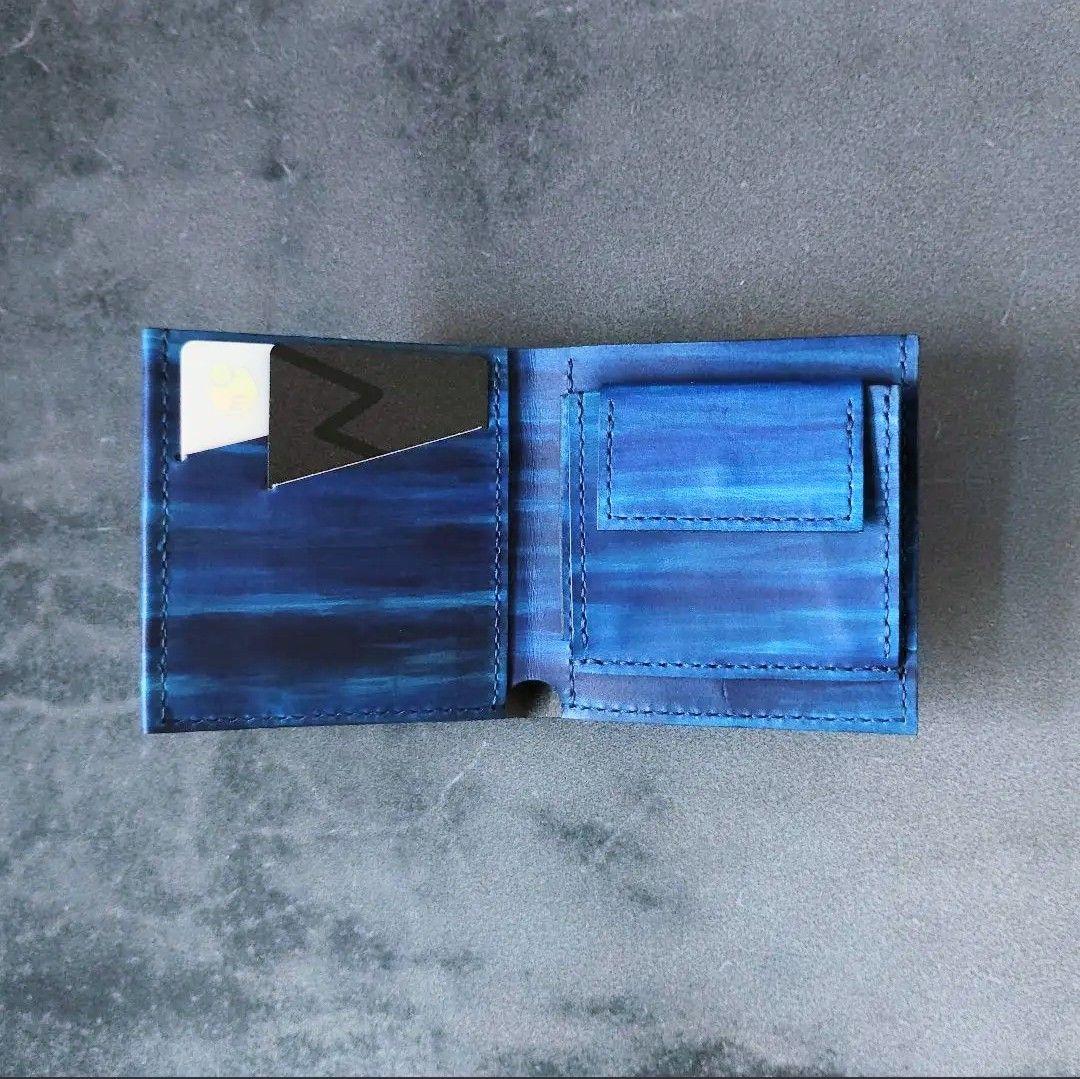 【一点物】薄い二つ折り財布　ハンドメイド 姫路レザー 手縫い 手染め