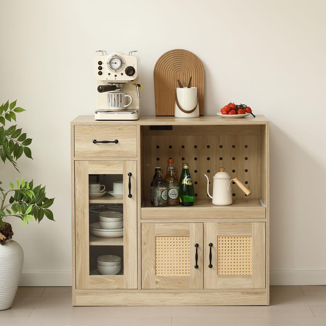 【新品】ラタン調キッチンカウンター 幅88cm 引き出し付き