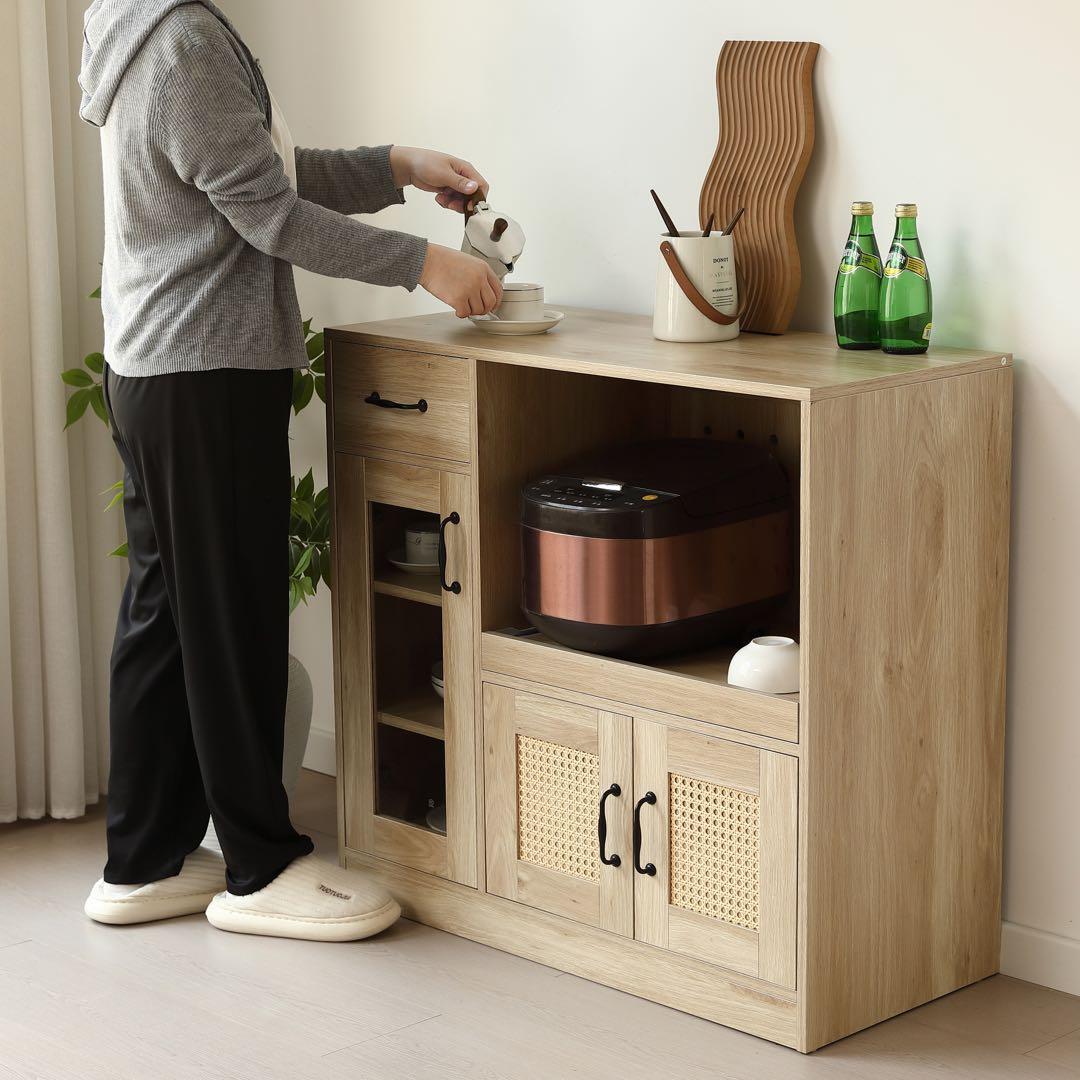 【新品】ラタン調キッチンカウンター 幅88cm 引き出し付き