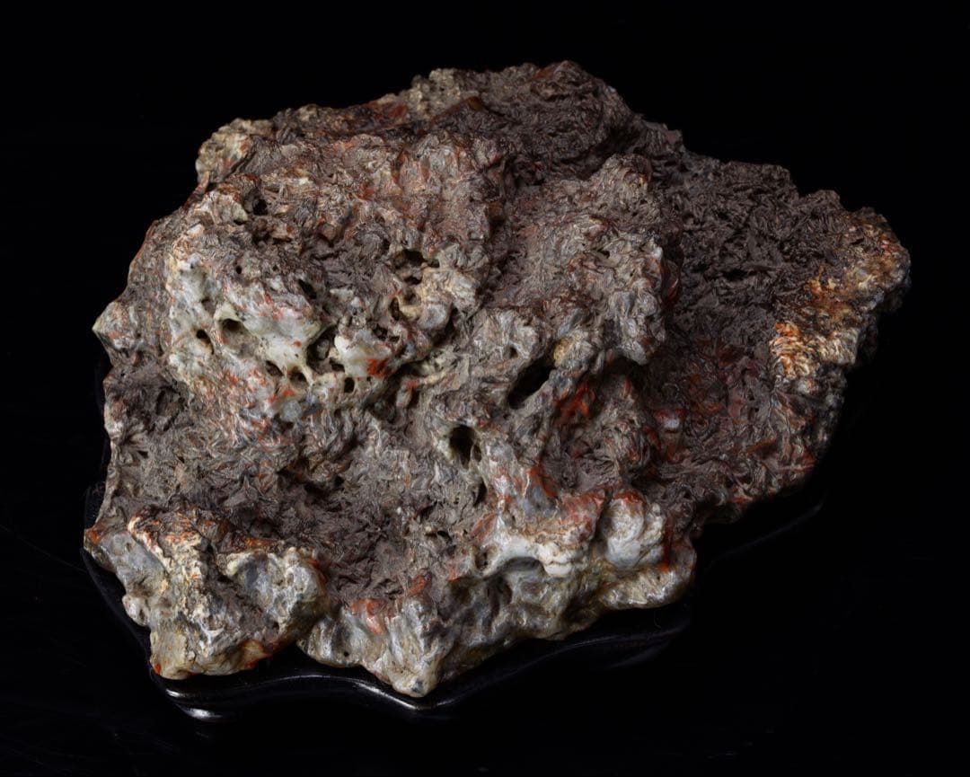 錦石 錦紅石 赤玉石 水石 鑑賞石 自然石 原石 盆石 木製台座付 1.4kg