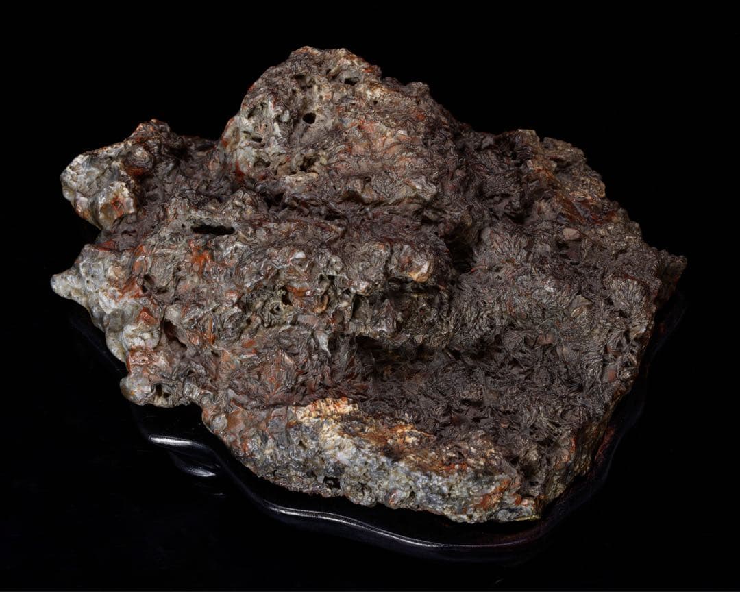 錦石 錦紅石 赤玉石 水石 鑑賞石 自然石 原石 盆石 木製台座付 1.4kg