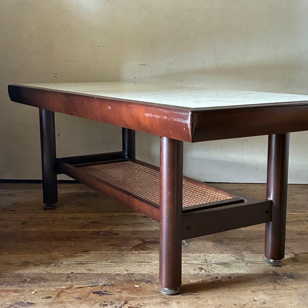 オールドカリモク ヴィンテージ センターテーブル マーブル ラタン レトロ