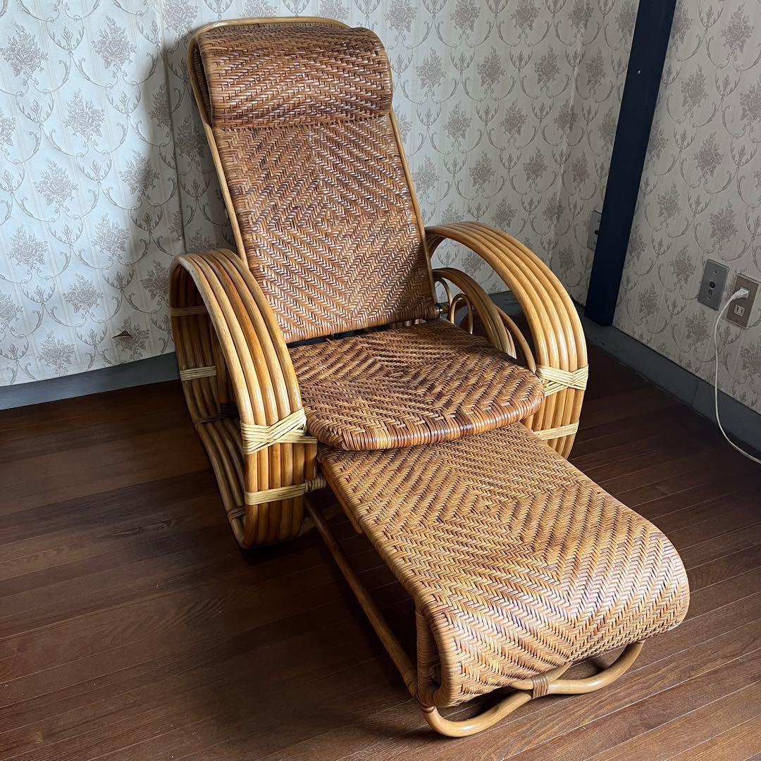 【アンティーク】籐 ラタン リクライニングチェア オットマン付き 古家具 古民家
