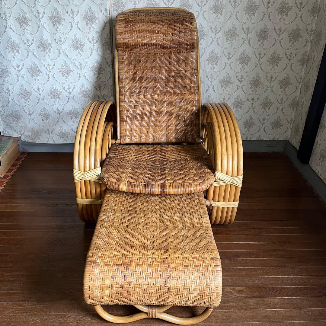 【アンティーク】籐 ラタン リクライニングチェア オットマン付き 古家具 古民家