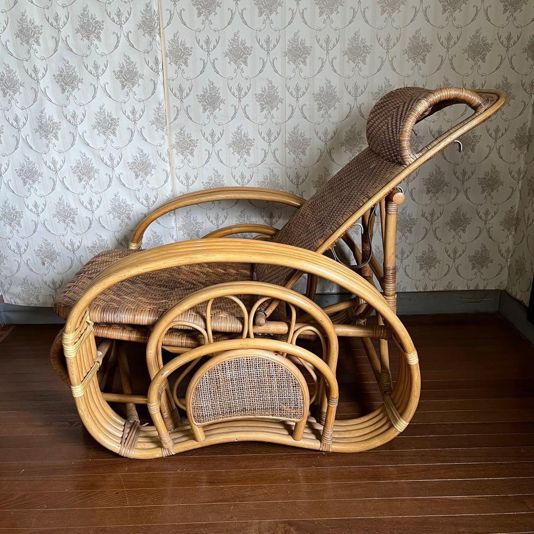 【アンティーク】籐 ラタン リクライニングチェア オットマン付き 古家具 古民家