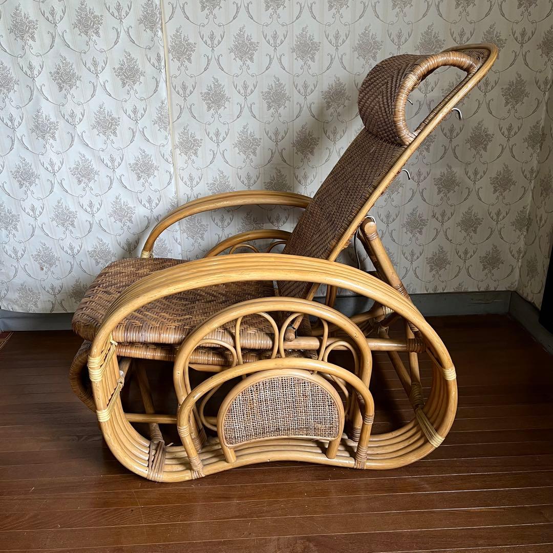 【アンティーク】籐 ラタン リクライニングチェア オットマン付き 古家具 古民家